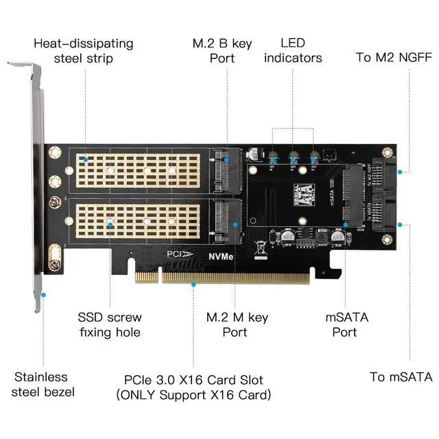 Alt view image 4 of 7 - 3 in 1 NGFF and MSATA SSD Adapter Card,M.2 NVME to PCIE/M.2 SATA SSD to SATA III/MSATA to SATA Adapter for 2280/2260 - OEM