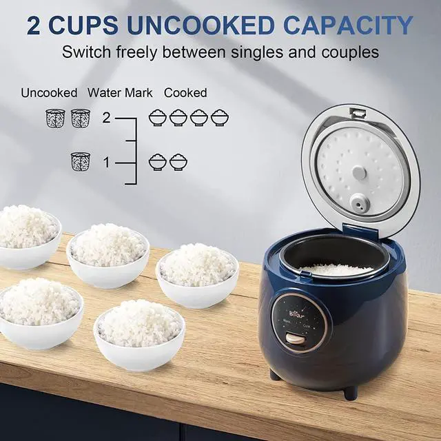 Alt view image 3 of 7 - Bear Mini Rice Cooker 2 Cups Uncooked, 1.2L Portable Non-Stick Small Travel Rice Cooker, BPA Free, One Button to Cook and Keep Warm Function, Blue