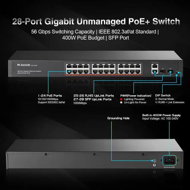 Alt view image 3 of 7 - 24 Port Gigabit PoE Switch, 2 Gigabit Ethernet Uplink, 2 Gigabit SFP, 400W IEEE802.3af/at, Rackmount Unmanaged Plug and Play Network Switch