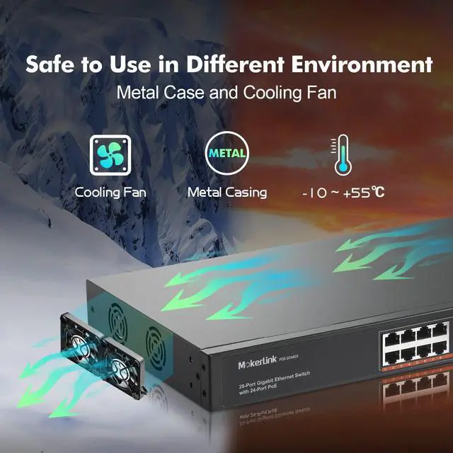 Alt view image 6 of 7 - 24 Port Gigabit PoE Switch, 2 Gigabit Ethernet Uplink, 2 Gigabit SFP, 400W IEEE802.3af/at, Rackmount Unmanaged Plug and Play Network Switch