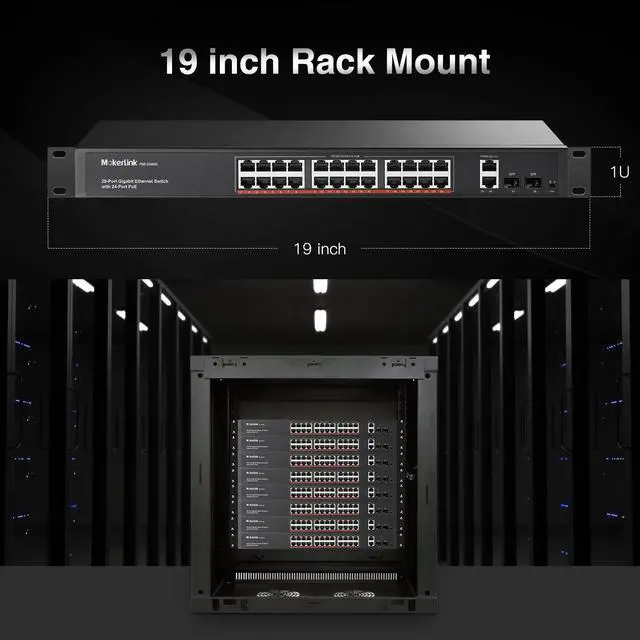 Alt view image 7 of 7 - 24 Port Gigabit PoE Switch, 2 Gigabit Ethernet Uplink, 2 Gigabit SFP, 400W IEEE802.3af/at, Rackmount Unmanaged Plug and Play Network Switch