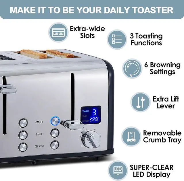 Alt view image 2 of 7 - CUSIMAX 4 Slice Toaster, Stainless Steel, Ultra-Clear LED Display & Extra Wide Slots, with Dual Control Panels of 6 Shade Settings, Cancel/Bagel/Defrost Function, Removable Crumb Trays, Black