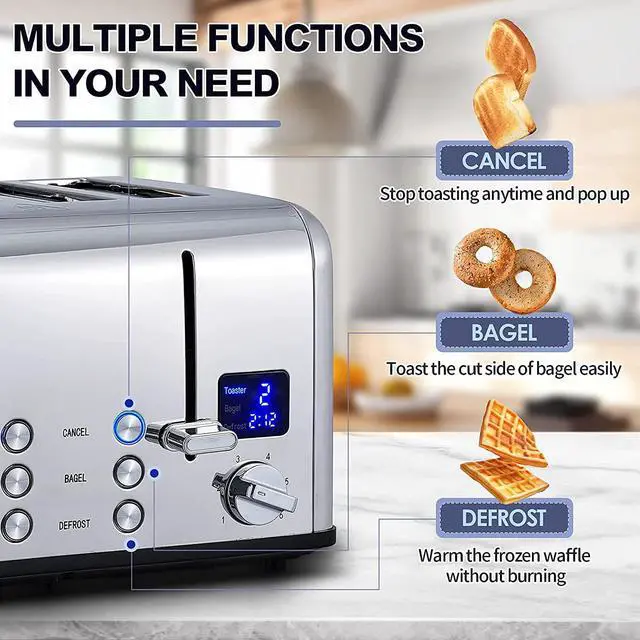 Alt view image 6 of 7 - CUSIMAX 4 Slice Toaster, Ultra-Clear LED Display & Extra Wide Slots, Dual Control Panels of 6 Shade Settings, Cancel/Bagel/Defrost Function, Removable Crumb Trays, Stainless Steel Toaster