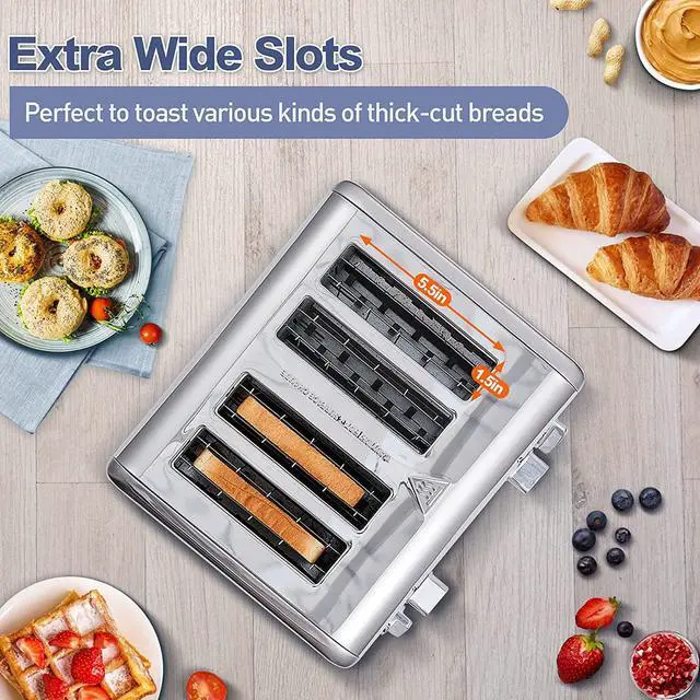 Alt view image 3 of 7 - CUSIMAX 4 Slice Toaster, Ultra-Clear LED Display & Extra Wide Slots, Dual Control Panels of 6 Shade Settings, Cancel/Bagel/Defrost Function, Removable Crumb Trays, Stainless Steel Toaster