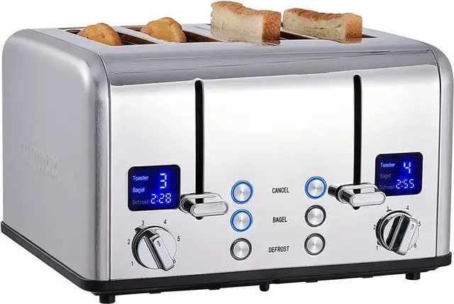 Main image of CUSIMAX 4 Slice Toaster, Ultra-Clear LED Display & Extra Wide Slots, Dual Control Panels of 6 Shade Settings, Cancel/Bagel/Defrost Function, Removable Crumb Trays, Stainless Steel Toaster