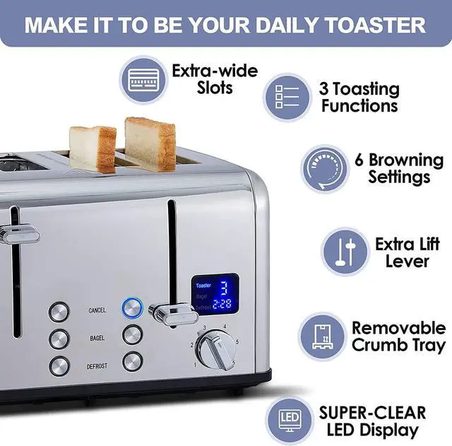 Alt view image 2 of 7 - CUSIMAX 4 Slice Toaster, Ultra-Clear LED Display & Extra Wide Slots, Dual Control Panels of 6 Shade Settings, Cancel/Bagel/Defrost Function, Removable Crumb Trays, Stainless Steel Toaster