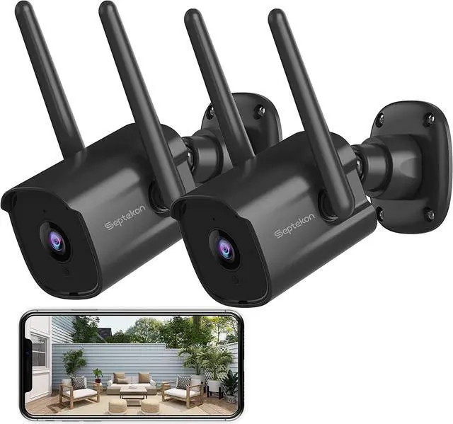 Main image of Septekon Security Camera Outdoor 2 Pack, 2.4G Wired WiFi Cameras for Home Security, 2K Surveillance Cameras with Motion Detection and Siren, 2-Way Audio, Night Vision, IP66 Waterproof, Black