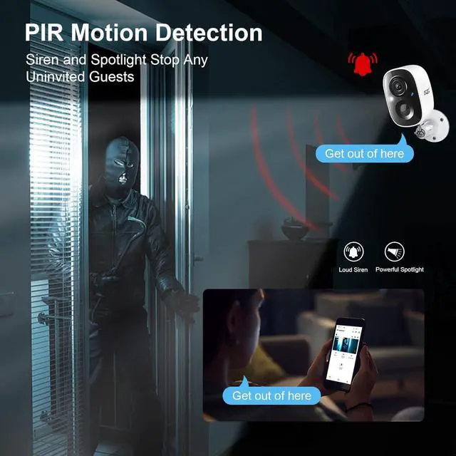 Alt view image 3 of 7 - DCT Security Cameras Wireless Outdoor: WiFi Battery Cameras for Home Outside 2K Color Night Vision Motion Detection Surveillance Cameras Two-Way Audio Siren Alarm Spotlight(White)