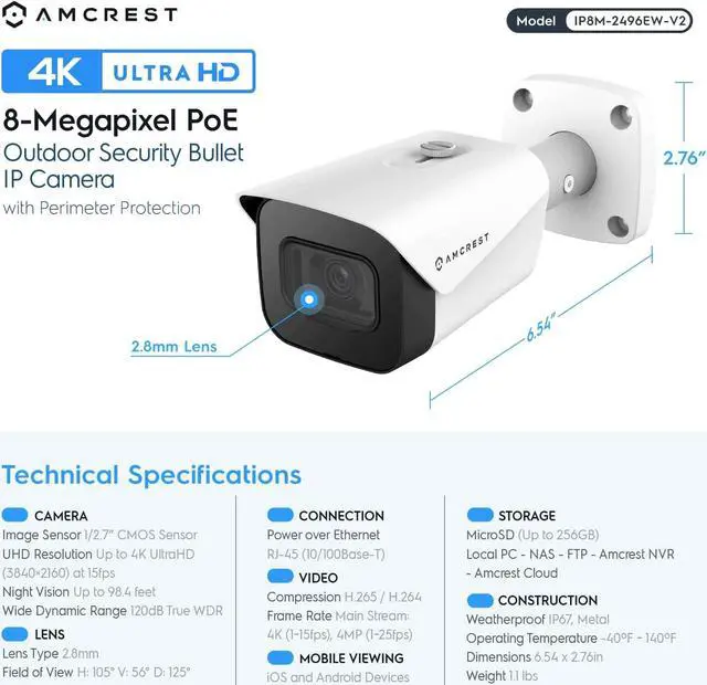 Alt view image 6 of 7 - Amcrest UltraHD 4K (8MP) Outdoor Bullet POE IP Camera, 3840x2160, 98ft NightVision, 2.8mm Lens, IP67 Weatherproof, MicroSD Recording, White (IP8M-2496EW-V2)
