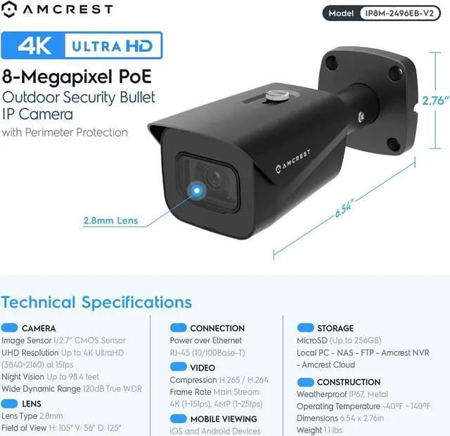 Alt view image 6 of 7 - Amcrest UltraHD 4K (8MP) Outdoor Bullet Security IP POE Camera, 98ft NightVision, 2.8mm Lens, IP67 Weatherproof, 256GB MicroSD Recording, Black (IP8M-2496EB-V2)
