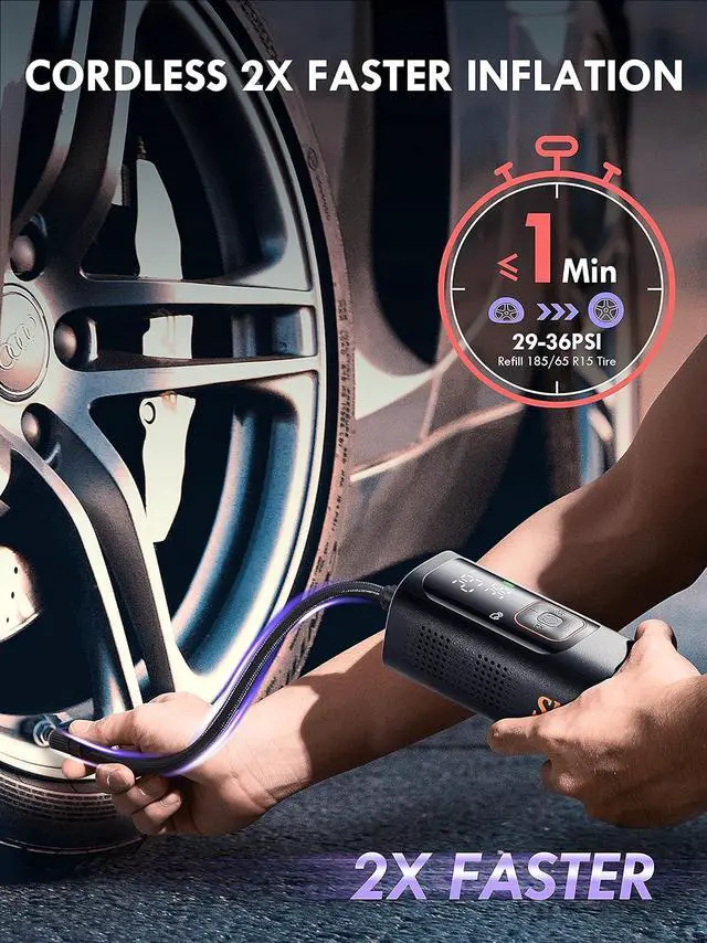 Alt view image 2 of 7 - Tire Inflator Portable Air Compressor - Powerful 150PSI & 2X Faster, Accurate Pressure LCD Display, Cordless Easy Operation - Portable Air Pump for Car, Motorcycle, E-Bike, Ball