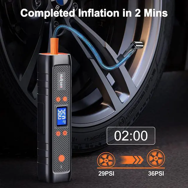Alt view image 4 of 7 - Nulksen Tire Inflator Portable Air Compressor, 150PSI Cordless Air Pump for Car Tires with 6000mAh Battery, Electric Tire Pump with Pressure Gauge Emergency Light for Car Bike Motor Ball, Bike Pump