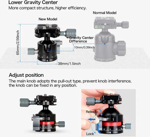 Alt view image 2 of 6 - koolehaoda Low-Profile Mini Ball Head 28mm ball diameter with 1/4" Screw Arca-Type QR Plate for Tripod,Slider and DSLR Cameras, Net weight only 170g / 0.38lbs
