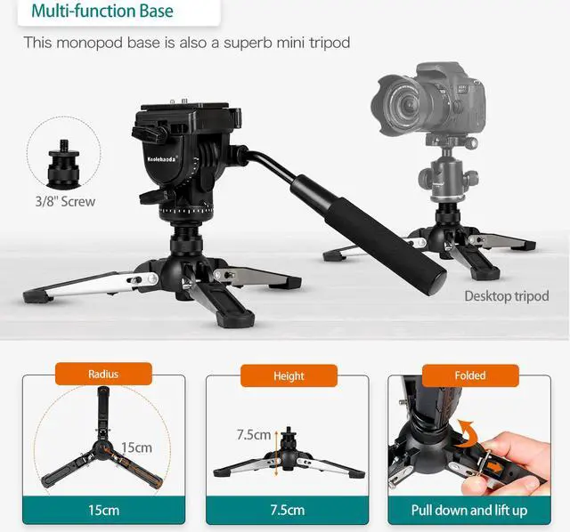 Alt view image 4 of 7 - Koolehaoda Camera Aluminum Monopod with Fluid Head and Foldable Tripod Base for DSLR Camera.Max Height 148cm / 58 inch. Payload up to 3kg/6.6lbs.(YT-288)