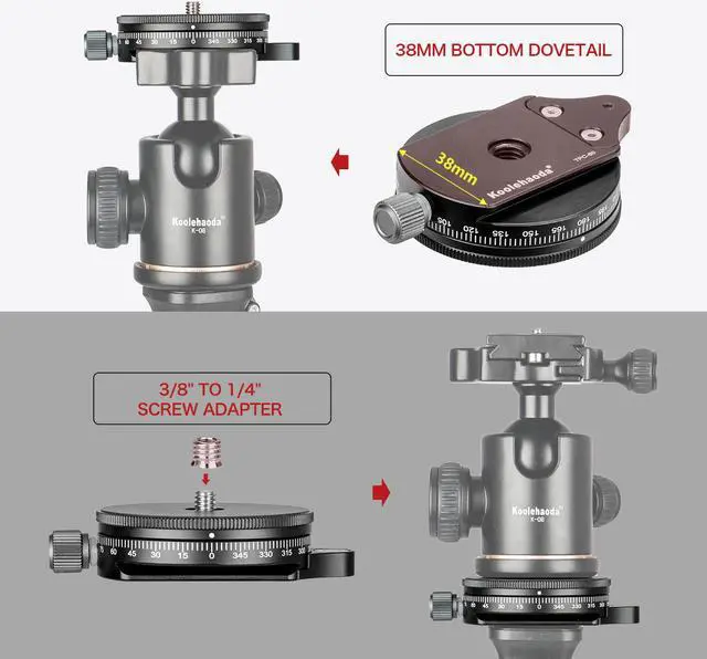 Alt view image 5 of 6 - koolehaoda Camera Panoramic Panning Base with Arca Swiss Style Plate, Aluminum Alloy Black Panorama Tripod Head with Bubble Level for Tripod Monopod DSLR Cameras, Load Capacity 22 LBS