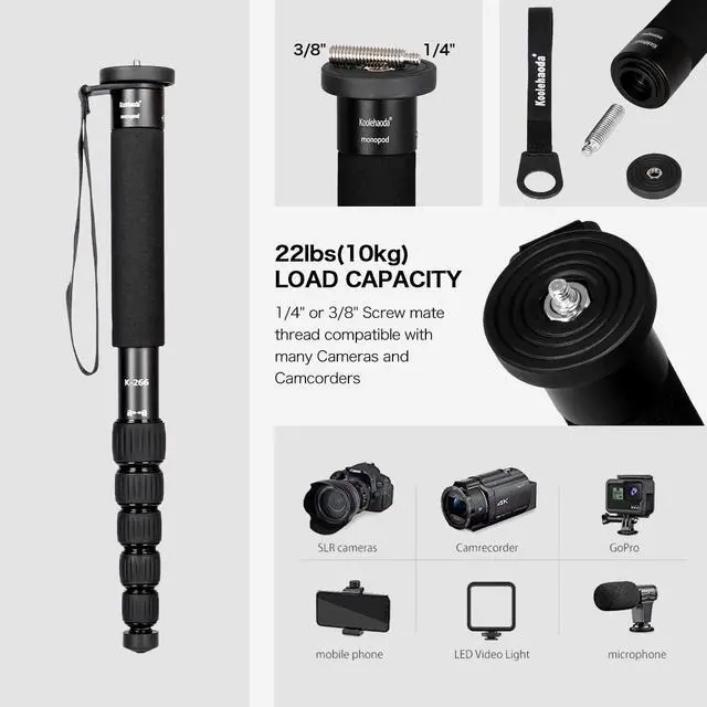 Alt view image 6 of 6 - koolehaoda 6-Section Monopod Compact Portable Photography Aluminum Alloy Unipod Stick, Max. Load 10kg / 22lbs, Folding size is only 38CM (Black)