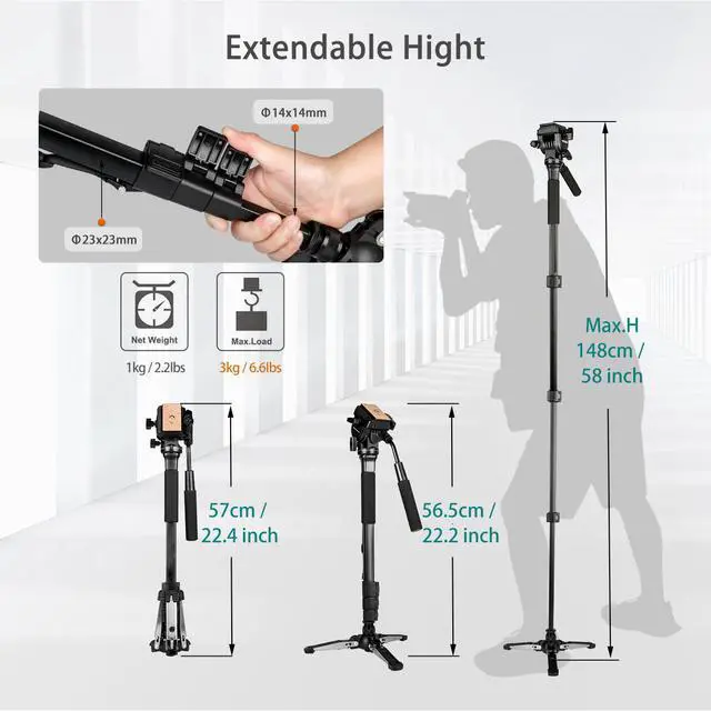 Alt view image 2 of 7 - Koolehaoda Camera Aluminum Monopod with Fluid Head and Foldable Tripod Base for DSLR Camera.Max Height 148cm / 58 inch. Payload up to 3kg/6.6lbs.(YT-288)