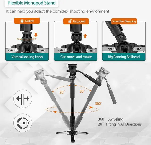 Alt view image 5 of 7 - Koolehaoda Camera Aluminum Monopod with Fluid Head and Foldable Tripod Base for DSLR Camera.Max Height 148cm / 58 inch. Payload up to 3kg/6.6lbs.(YT-288)