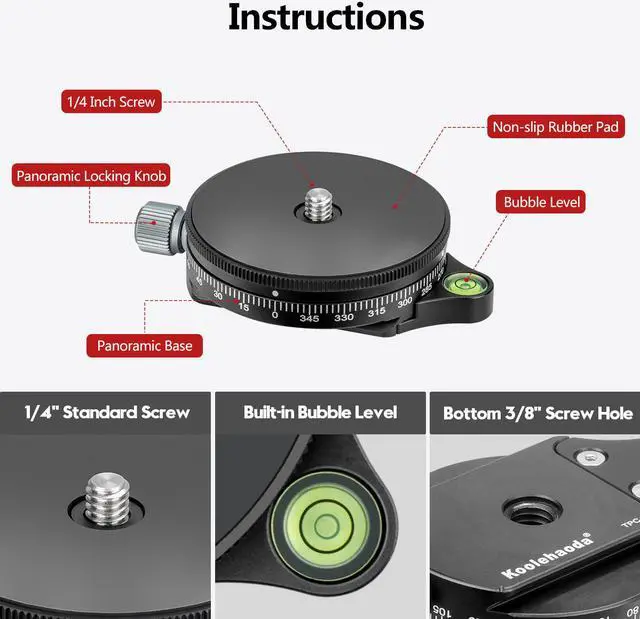 Alt view image 4 of 6 - koolehaoda Camera Panoramic Panning Base with Arca Swiss Style Plate, Aluminum Alloy Black Panorama Tripod Head with Bubble Level for Tripod Monopod DSLR Cameras, Load Capacity 22 LBS