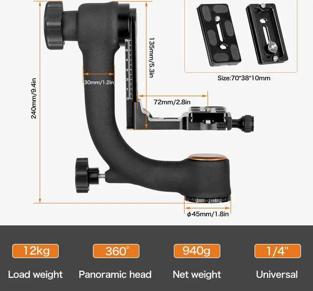 Alt view image 3 of 7 - Koolehaoda Professional Heavy Duty Metal Gimbal Tripod Head with with Arca Swiss Quick Release Plate and Bubble Level for Digital SLR Cameras up to 26lbs/12kg - (KQ-45)