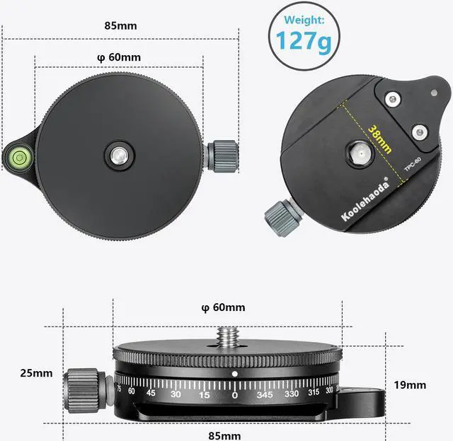 Alt view image 6 of 6 - koolehaoda Camera Panoramic Panning Base with Arca Swiss Style Plate, Aluminum Alloy Black Panorama Tripod Head with Bubble Level for Tripod Monopod DSLR Cameras, Load Capacity 22 LBS
