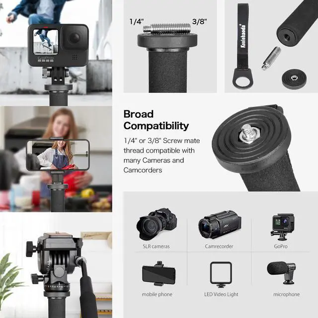 Alt view image 4 of 7 - Koolehaoda Professional 65-inch Camera Aluminium Monopod with Folding Three Feet Support Stand