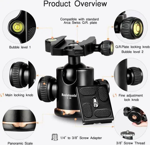 Alt view image 4 of 7 - koolehaoda Tripod Ball Head, 360° Panoramic Aluminum Alloy Ball Head with 1/4" Quick Release Plate and Bubble Level,Max Load 22LBS/10KG for DSLR Cameras and Tripod,Monopod,Slider