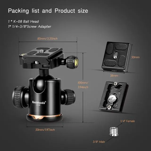 Alt view image 7 of 7 - koolehaoda Tripod Ball Head, 360° Panoramic Aluminum Alloy Ball Head with 1/4" Quick Release Plate and Bubble Level,Max Load 22LBS/10KG for DSLR Cameras and Tripod,Monopod,Slider