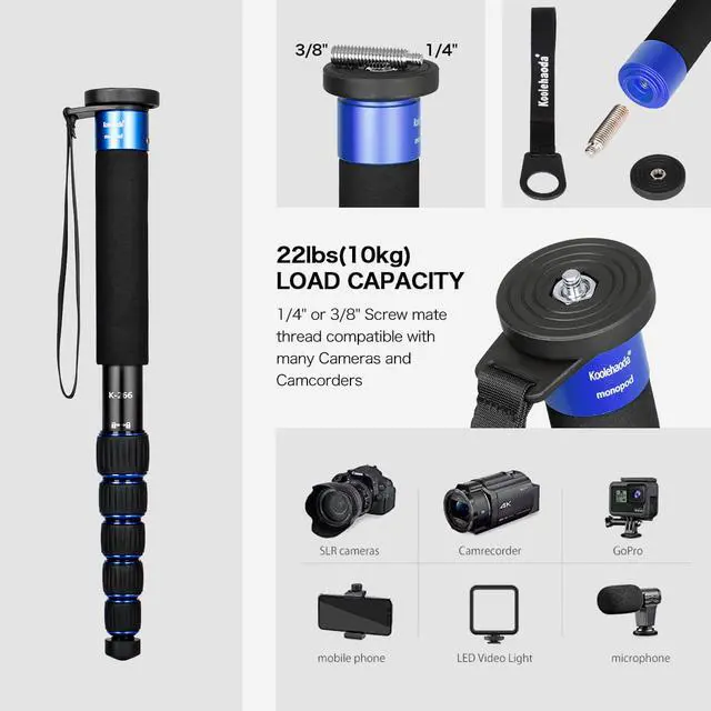 Alt view image 4 of 6 - koolehaoda 6-Section Monopod Compact Portable Photography Aluminum Alloy Unipod Stick, Max. Load 10kg / 22lbs, Folding size is only 38CM (Blue)