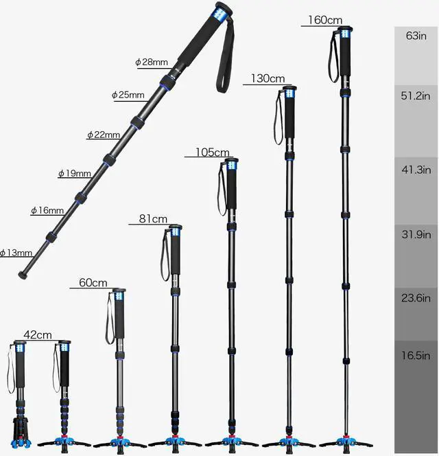 Alt view image 4 of 6 - Koolehaoda Extendable Camera Aluminum Monopod with Removable Tripod Support Base. 6 Sections 16.5-63inches Adjustable, Leg max diameter: F28MM,Payload up to 7kg / 15.43lbs-(K-266 Blue)