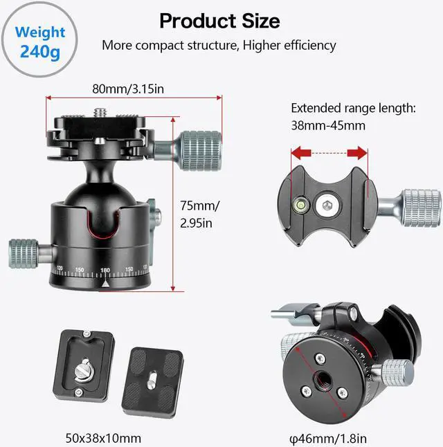 Alt view image 7 of 7 - Koolehaoda Low Profile Ball Head, F36mm Ball Diameter All Metal Tripod Head with 1/4" Screw Arca Swiss Quick Release Plates for DSLR Cameras Tripods Monopods, Max Load 33lbs/15kg