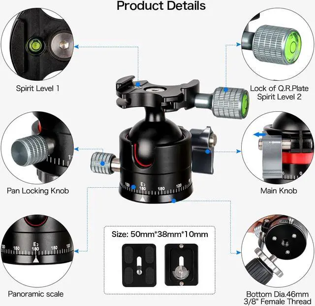 Alt view image 2 of 7 - Koolehaoda Low Profile Ball Head, F36mm Ball Diameter All Metal Tripod Head with 1/4" Screw Arca Swiss Quick Release Plates for DSLR Cameras Tripods Monopods, Max Load 33lbs/15kg
