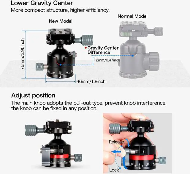 Alt view image 3 of 7 - Koolehaoda Low Profile Ball Head, F36mm Ball Diameter All Metal Tripod Head with 1/4" Screw Arca Swiss Quick Release Plates for DSLR Cameras Tripods Monopods, Max Load 33lbs/15kg
