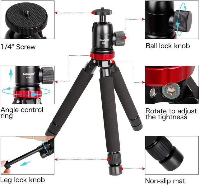 Alt view image 4 of 6 - Koolehaoda Metal Mini Tripod Travel Tabletop Tripod Max Height 38cm / 14.96inch,with 1/4 and 3/8 Screw Mount and Function Leg Design, Max Load 8kg/17.6lbs,for DSLR Camera (MT-02+D28)