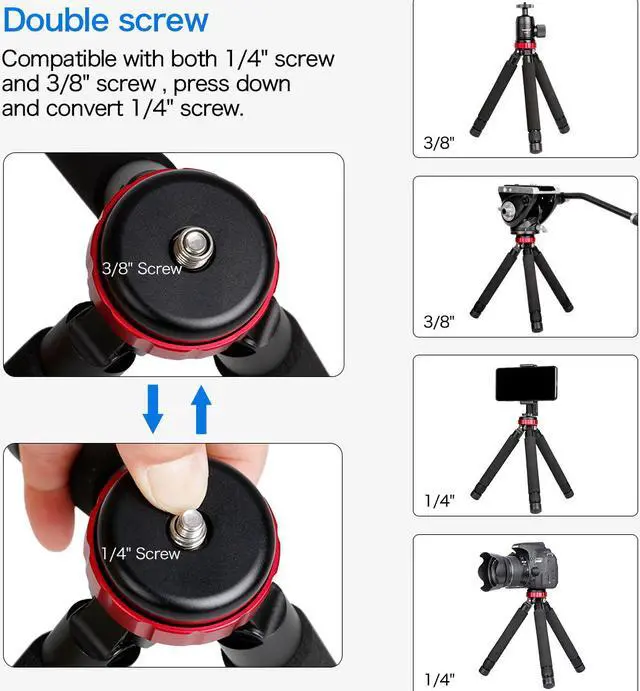 Alt view image 3 of 6 - Koolehaoda Mini Camera Tripod Tabletop Tripod Max Height 33cm / 13 inch,with 1/4 and 3/8 Screw Mount and Function Leg Design, Max Load 10kg/22lbs,for DSLR Camera,Monopods (MT-02)