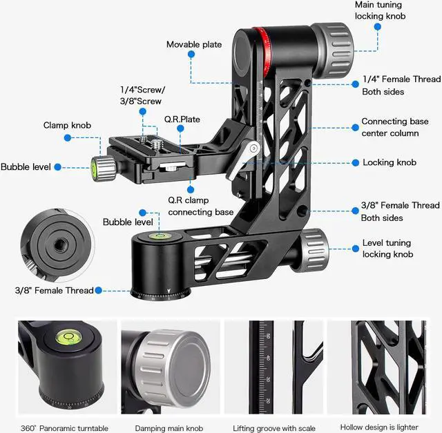 Alt view image 6 of 7 - koolehaoda Professional Gimbal Head Tripod Head Aluminum Alloy Heavy Duty 360° Panoramic with Arca-Swiss Standard 1/4 inch QR Plate for DSLR Cameras up to 55.11lbs/25kg(GH-3)