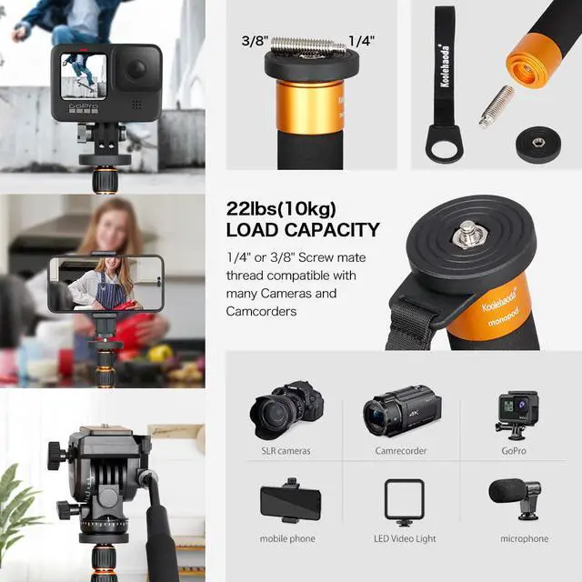 Alt view image 2 of 5 - Koolehaoda Extendable Camera Aluminum Monopod with Removable Tripod Support Base. 6 Sections 16.5-63inches Adjustable, Leg max diameter: F28MM,Payload up to 7kg / 15.43lbs-(K-266 Orange)