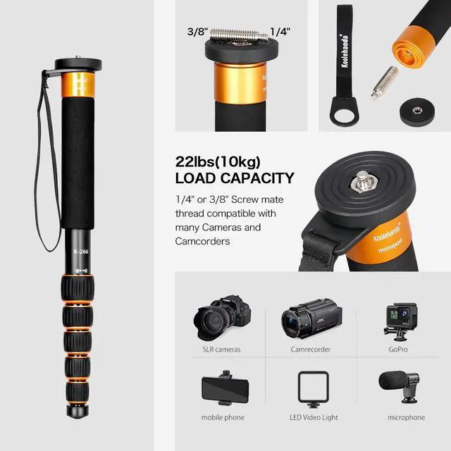 Alt view image 3 of 6 - koolehaoda 6-Section Monopod Compact Portable Photography Aluminum Alloy Unipod Stick, Max. Load 10kg / 22lbs, Folding size is only 38CM (Orange)