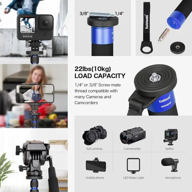 Alt view image 5 of 6 - Koolehaoda Extendable Camera Aluminum Monopod with Removable Tripod Support Base. 6 Sections 16.5-63inches Adjustable, Leg max diameter: F28MM,Payload up to 7kg / 15.43lbs-(K-266 Blue)