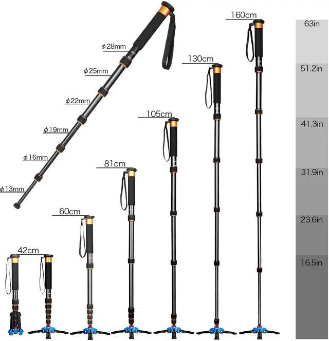 Alt view image 4 of 5 - Koolehaoda Extendable Camera Aluminum Monopod with Removable Tripod Support Base. 6 Sections 16.5-63inches Adjustable, Leg max diameter: F28MM,Payload up to 7kg / 15.43lbs-(K-266 Orange)