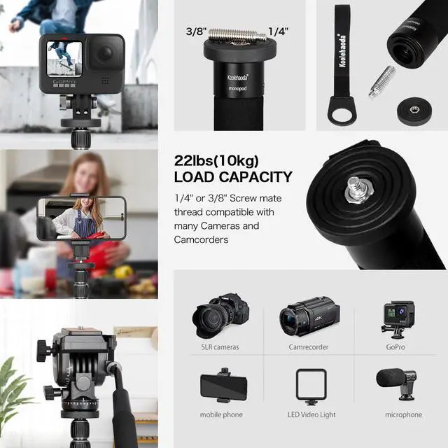 Alt view image 5 of 6 - Koolehaoda Extendable Camera Aluminum Monopod with Removable Tripod Support Base. 6 Sections 16.5-63inches Adjustable, Leg max diameter: F28MM,Payload up to 7kg / 15.43lbs-(K-266 Black)