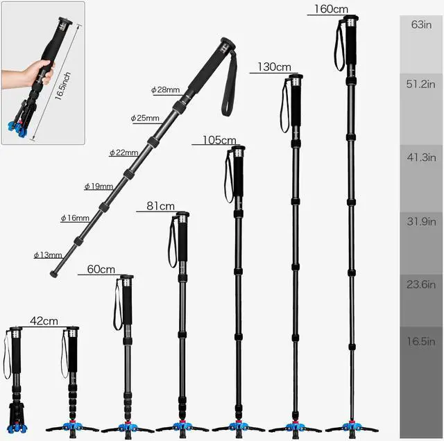Alt view image 4 of 6 - Koolehaoda Extendable Camera Aluminum Monopod with Removable Tripod Support Base. 6 Sections 16.5-63inches Adjustable, Leg max diameter: F28MM,Payload up to 7kg / 15.43lbs-(K-266 Black)