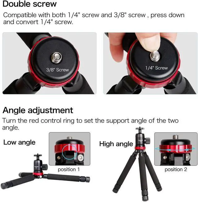 Alt view image 6 of 6 - Koolehaoda Metal Mini Tripod Travel Tabletop Tripod Max Height 38cm / 14.96inch,with 1/4 and 3/8 Screw Mount and Function Leg Design, Max Load 8kg/17.6lbs,for DSLR Camera (MT-02+D28)