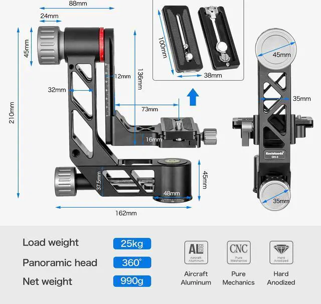 Alt view image 4 of 7 - koolehaoda Professional Gimbal Head Tripod Head Aluminum Alloy Heavy Duty 360° Panoramic with Arca-Swiss Standard 1/4 inch QR Plate for DSLR Cameras up to 55.11lbs/25kg(GH-3)