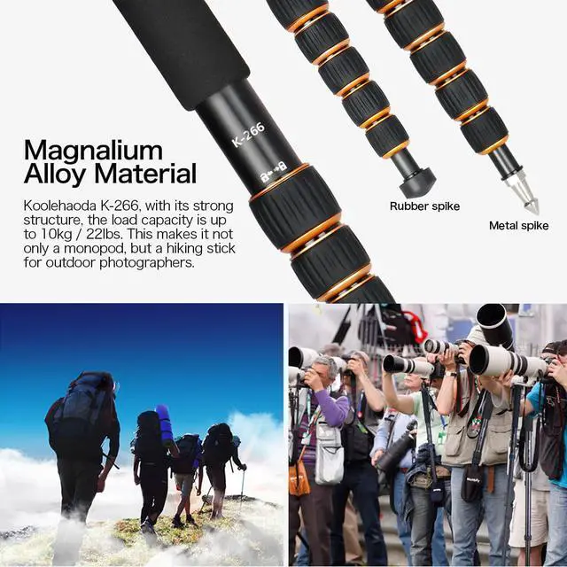 Alt view image 5 of 5 - Koolehaoda Extendable Camera Aluminum Monopod with Removable Tripod Support Base. 6 Sections 16.5-63inches Adjustable, Leg max diameter: F28MM,Payload up to 7kg / 15.43lbs-(K-266 Orange)