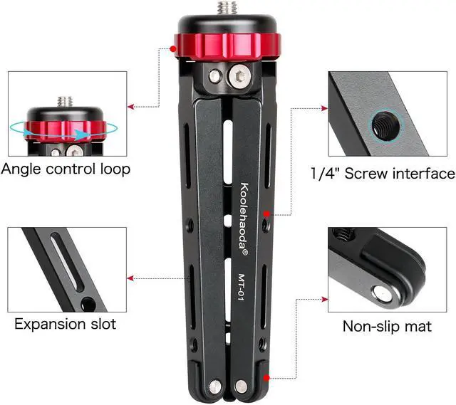 Alt view image 6 of 6 - Koolehaoda Mini Tripod Tabletop Metal Tripod with 1/4 and 3/8 Screw Mount and Function Leg Design,Max Load 66lbs,for DSLR Camera,Monopods (MT-01)