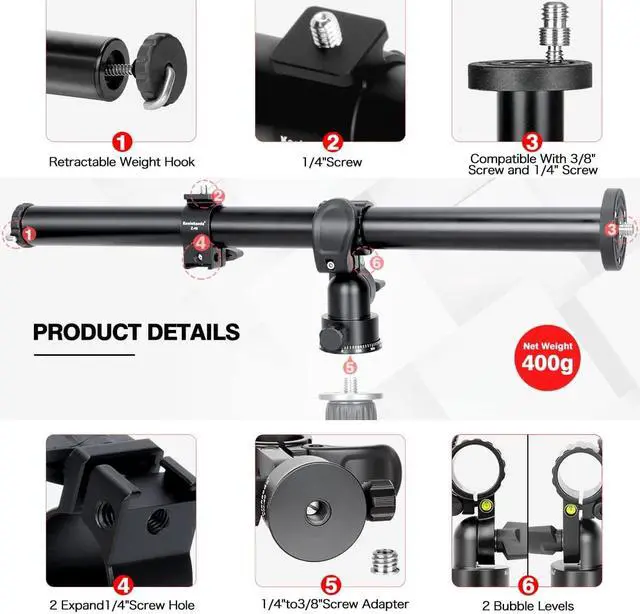Alt view image 2 of 7 - Koolehaoda Tripod Extension Arm,16.5" Horizontal Center Column Tripod Extension Arm 360° Rotatable Rotating Base for Overhead Photography, Macro and Low-Angle Shooting, Load up to 22lbs/10kg - (VH-40)