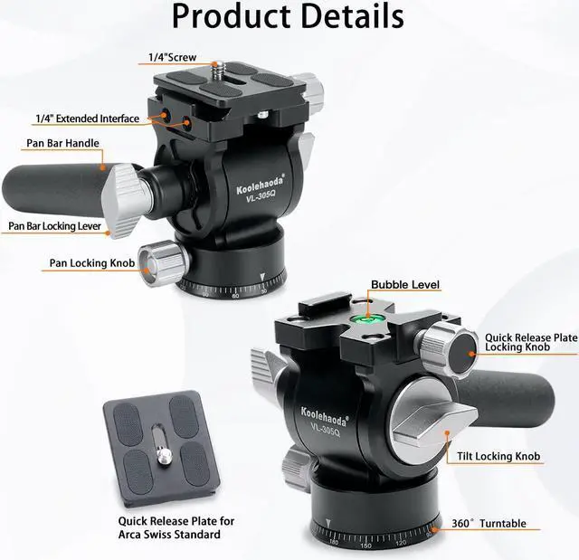 Alt view image 2 of 7 - Koolehaoda Tripod Fluid Head Compact Video Head Pan Tilt Head with Arca-Type Plate for Compact Video Cameras, Mirrorless and DSLR Cameras,Load up to 6.6lbs - VL305Q