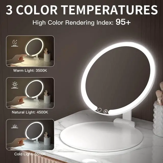Alt view image 3 of 7 - MILEDUO Travel Makeup Mirror with Lights, 8" Foldable Vanity Mirror with Lights for Travel, 46 LED Dimmable Vanity Mirror Portable Rechargeable Make Up Mirror, 3 Light Colors, Round
