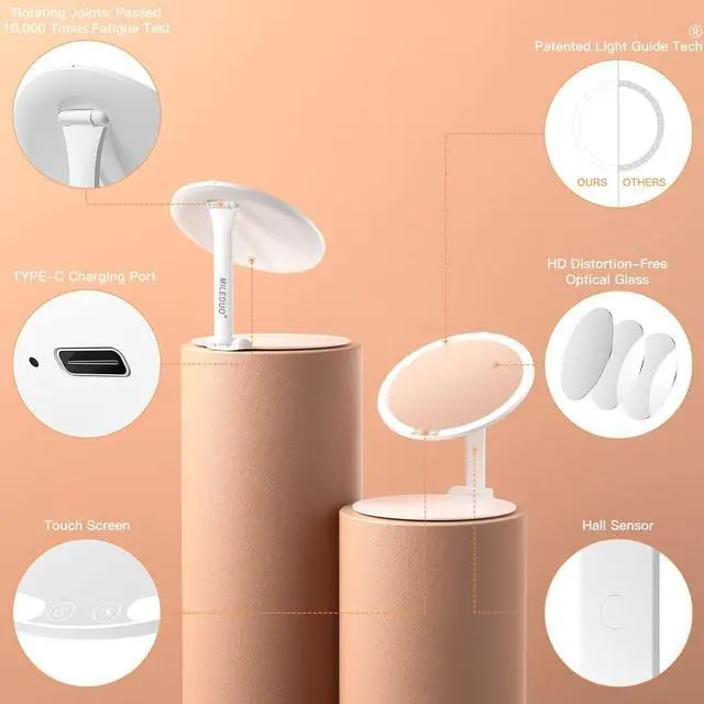Alt view image 6 of 7 - MILEDUO Travel Makeup Mirror with Lights, 8" Foldable Vanity Mirror with Lights for Travel, 46 LED Dimmable Vanity Mirror Portable Rechargeable Make Up Mirror, 3 Light Colors, Round